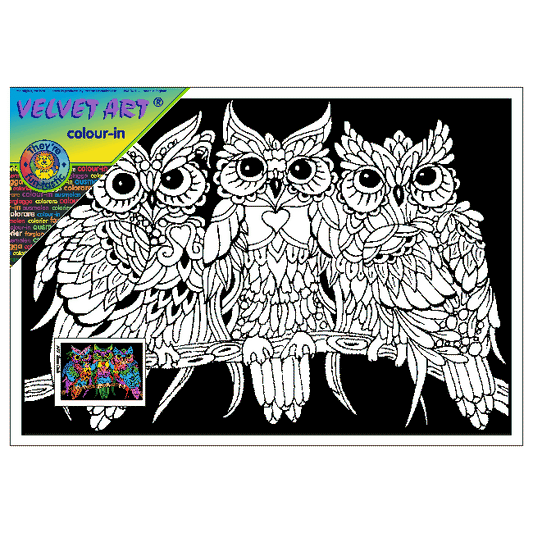 TANGLE - 3 OWLS Velvet Art Set, 12 Brush Pens, 5 Glitter and Glue