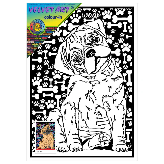 DOG - PUG Velvet Art Set, 12 Brush Pens, 5 Glitter and Glue
